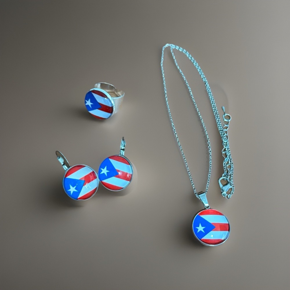 Puerto Rico Flag Jewelry Set Necklace Earrings Ring Stainless Steel Boricua